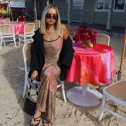 YESMYTOOL  -  Leopard Print Spaghetti Strap Long Dress Woman Summer Sexy Vintage Backless Splits Slim Fit Vestidos Party Vacation Beach Robe