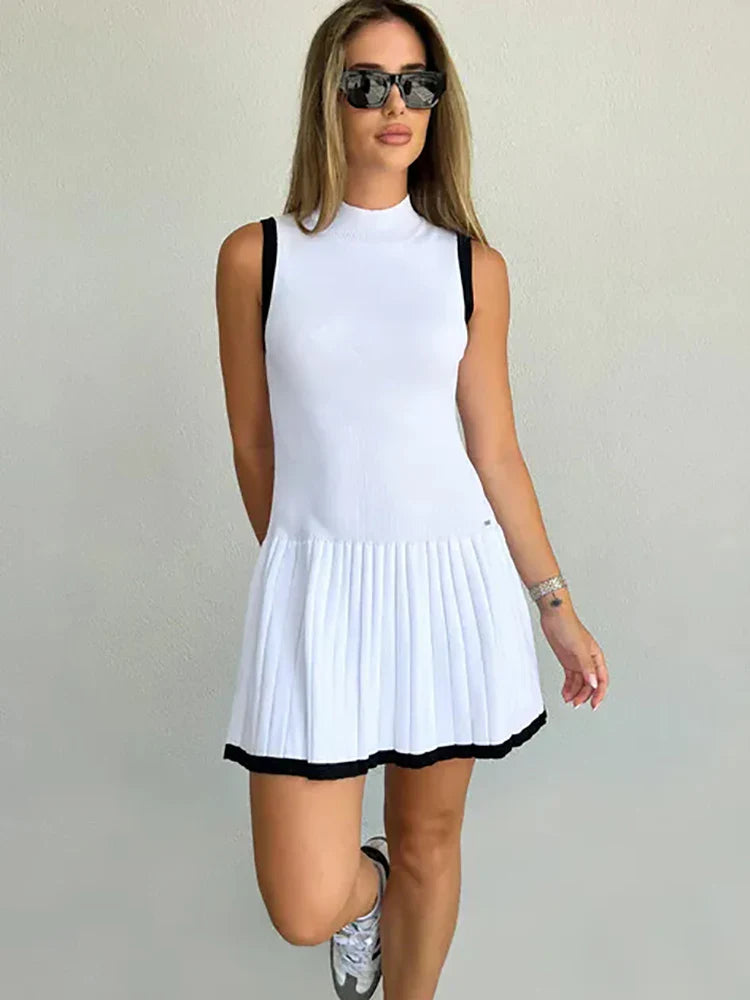 Knitted Sexy Round Neck Pleated Women Dress White Sleeveless High Waist Dress Female Autumn Skinny Casual Sporty Dress