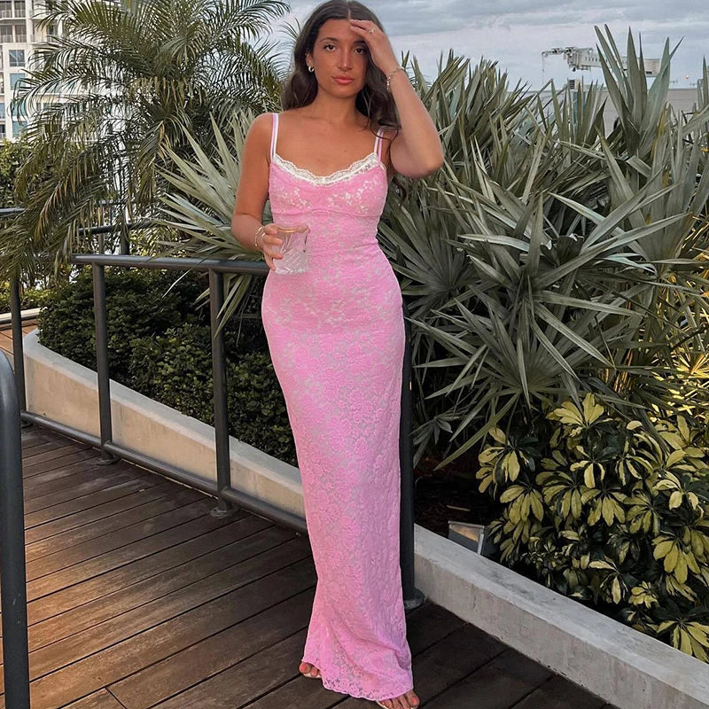 YESMYTOOL  -  Sexy See Through Lace Women Maxi Dress Pink Spaghetti Strap Evening Dresses Summer Vacation Elegant Party Beachwear