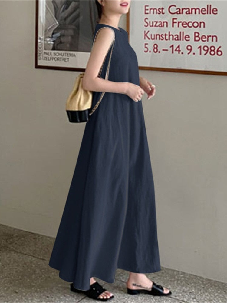 Summer Dress Long Skirt Suspender Loose Pockets O-Neck Temperament Sleeveless Swing Dresses for Women Women Clothing Robe