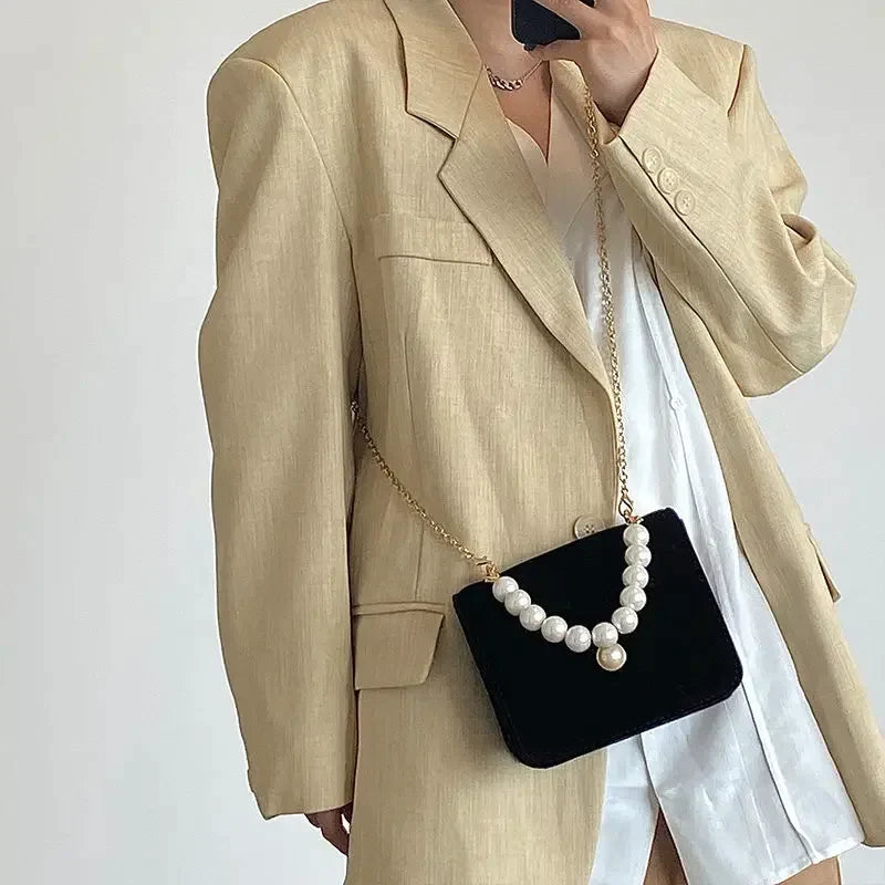 Vintage Small Square Shoulder Bag for Women Pearl Chain Ladies Tote Handbags Evening Clutch Purse Fashion Female Crossbody Bags