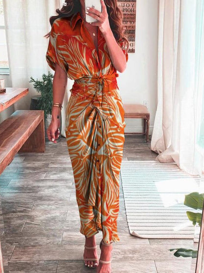 Spring Summer New Temperament Fashion Printed Long Dress Waist Tie-up Shirt Dress Streetwear Woman Clothes Robe Evening Dresses