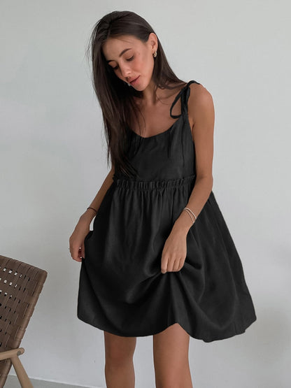 Cotton Linen Casual Dresses Lace Up Summer Vacation Spaghetti Strap Dress Oversize V-Neck Women Backless Dress