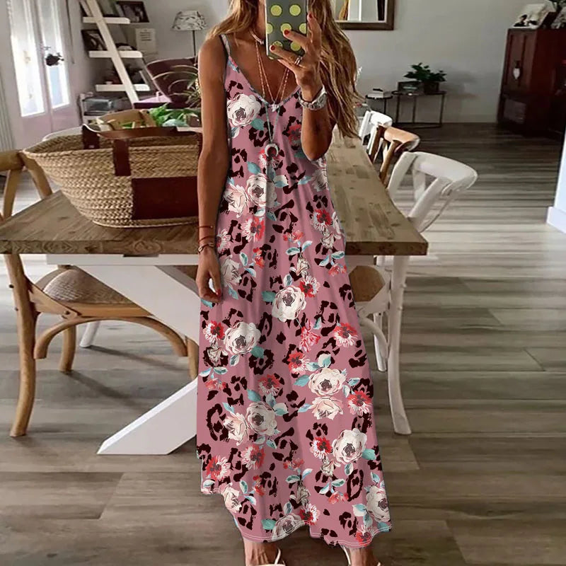 YESMYTOOL  -  2024 Summer Bohemian Long Dress Women's V-neck High Waist Pattern Printed Dress Casual Hollow Sleeveless Spaghetti Strap Dresses