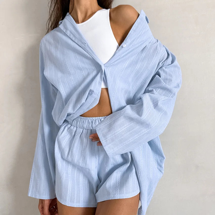 dingdamall  -   Home Cozy Solid Shorts Sets 2024 New Long Sleeve Turndown Collar Blouse+short Pant Sleepwear Casual Fashion Jacquard 2 Piece Set