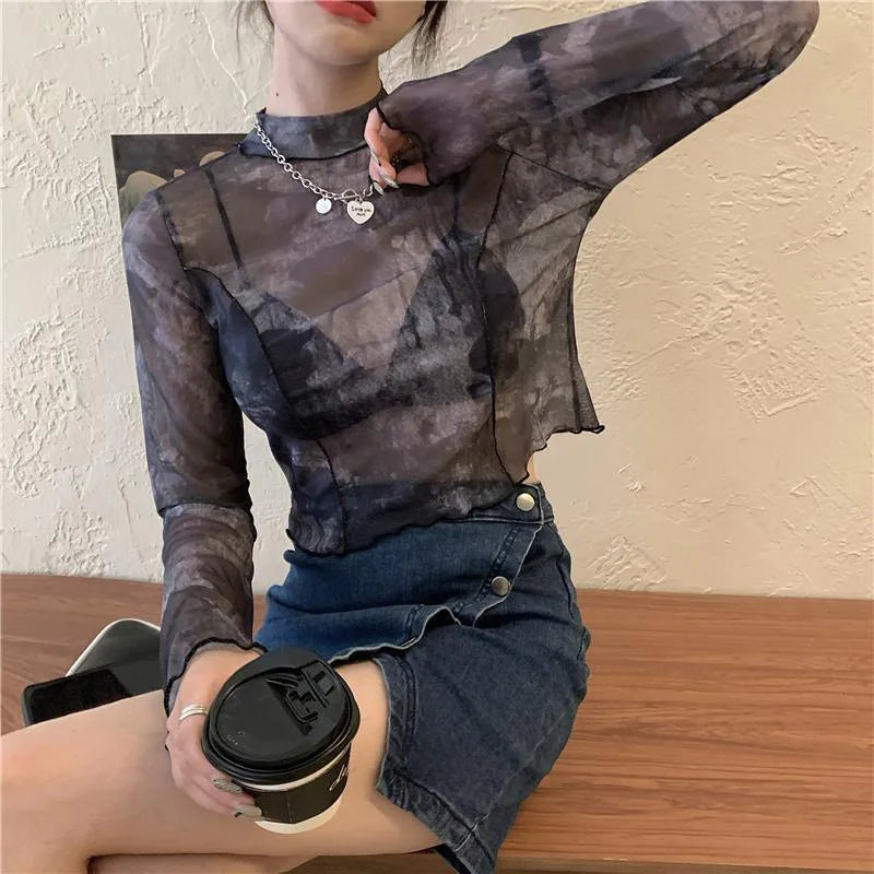 Long Sleeve T-shirts Women Tie-dye Printed Summer Sun-proof Cropped Tops Fashion High Street Gauze Korean Style Chic Teens Retro