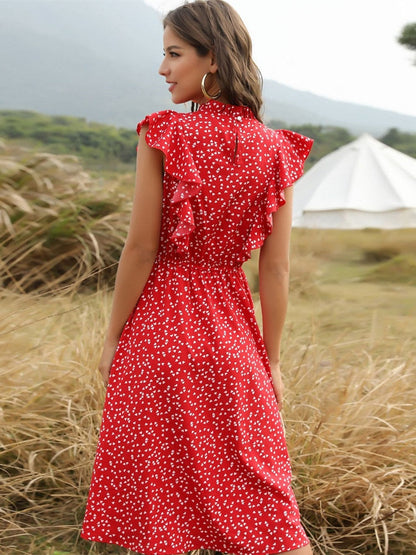 Summer Ladies Elegant Dot Print Chic Dress Women Butterfly Sleeve Ruffles Medium Long Chiffon Dress