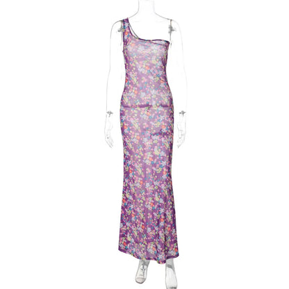 YESMYTOOL  -   Sheer Mesh Floral Long Dress Women Holiday Slim One Shoulder Tank Maxi Dress Open Back Purple Summer New 2024 Beachwear