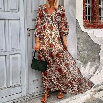 YESMYTOOL  -  Fashion Pattern Print Vacation Beach Dress Women Spring V Neck Long Sleeve Boho Maxi Dress Summer Lace-up Backless Long Dresses