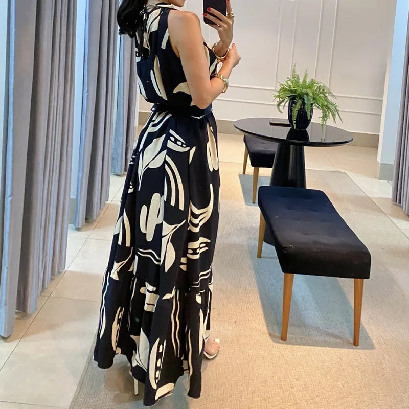 YESMYTOOL  -  Elegant Patterned Print Loose Party Dress 2024 Summer Fashion Round Neck Pleated Long Dress Casual Sleeveelss Bohe Maxi Dresses