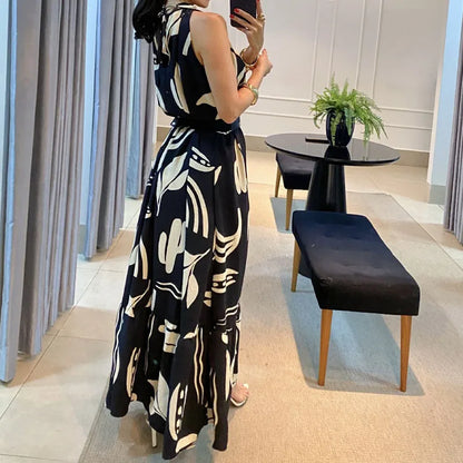 YESMYTOOL  -  Elegant Patterned Print Loose Party Dress 2024 Summer Fashion Round Neck Pleated Long Dress Casual Sleeveelss Bohe Maxi Dresses