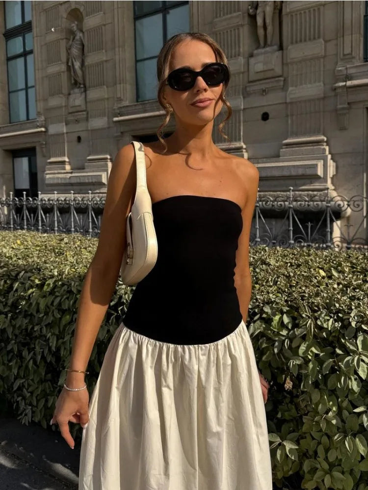 Patchwork Strapless Sleeveless Dress Women's Contrast Color A-Line High Waist Long Party Dress Fashion Outfits Female New