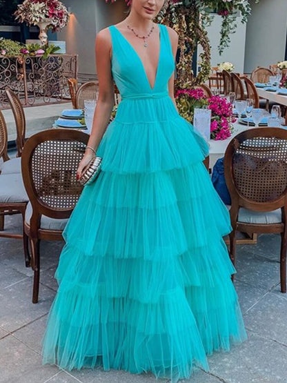 Spring Summer New Sexy Mesh Cake Dress Women Suspenders Deep V High Waist Dresses Elegant Solid Puff Party Dresses Vestidos