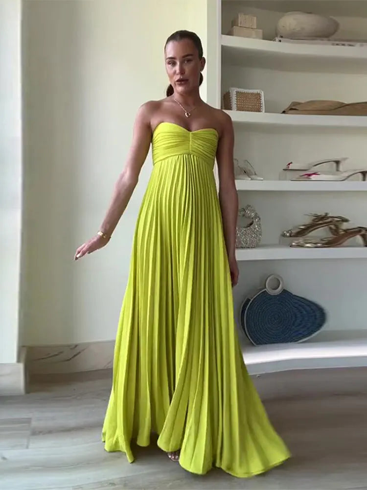 Female Strapless Pleated Elegant Party Dress Sexy Sleeveless Off Shoulder Maxi Dress New Lady Prom Gown Evening Vestidos