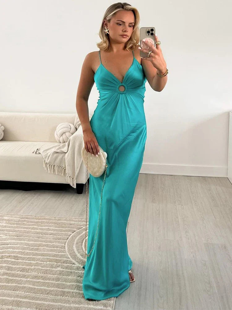 Round Ring Hollowed Out Sling Party Dress Women Blue V-neck Sleeveless Backless Maxi Robes  Lady Simple Elegant Formal Dress