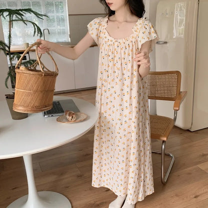 YESMYTOOL  -  Causal Pure Cotton Maxi Dress With Bra Pad Puff Sleeve Flora Print Loose Vestidos Women Chic Summer Holiday Sundress Robe Girls