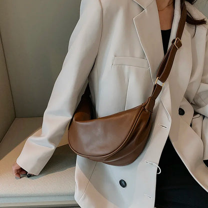 Half Moon Small PU Leather Zipper Crossbody Bags For Women Solid Color Shoulder Handbags Trends Winter Luxury Brand