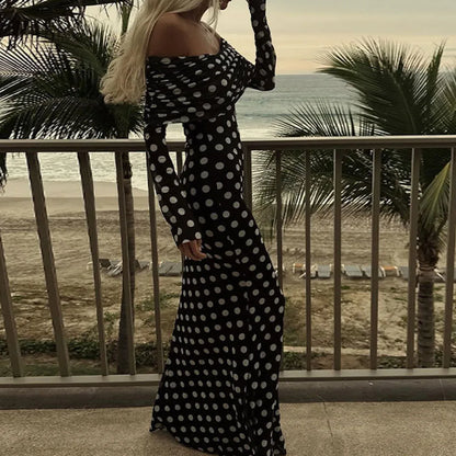 YESMYTOOL  -  Women Polka Dot Printed Off Shoulder Patchwork Maxi Dress Female Slim Fit Long Sleeves Vintage Vestidos Chic Lady Elegant Robe