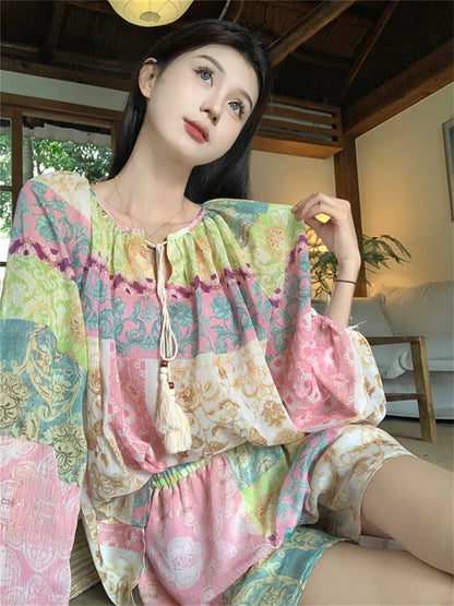 dingdamall  -  Sunscreen Printed Vintage Women Sets New Blouses India Folk Gentle Summer Full Sleeve Stylish Chic Casual Suit Shorts