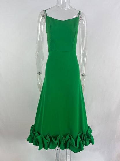 Women Spaghetti Strap A-line Ruffles Pink Evening Dresses Elegant Sweet Sleeveless Backless Zip-up Green Party Prom Dress