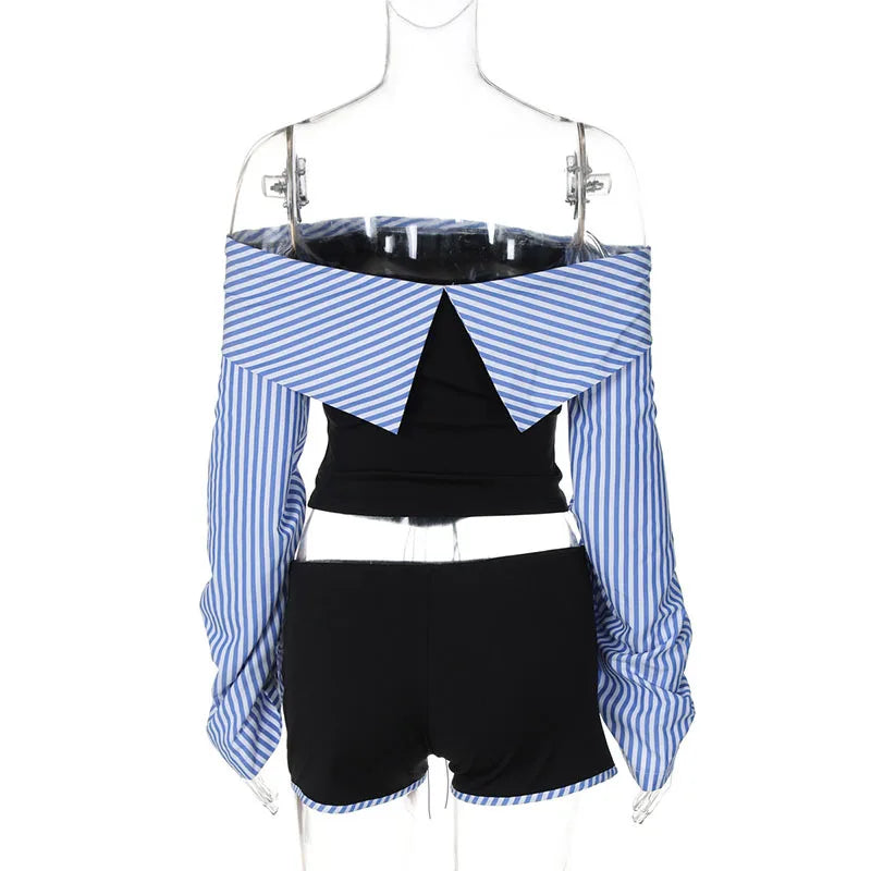 dingdamall  -  Striped Spliced Bandage Shorts Set Strapless Personalized Irregular Folds Long Sleeve Backless Top High Waist Suit