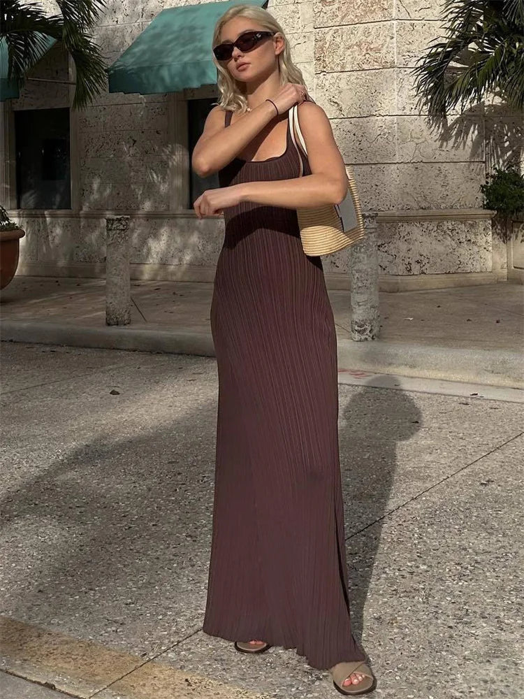 Knit Ribbed Slim Maxi Dress Female Backless Scoop Neck Fashion Elegant Party Looks Long Dress Patchwork Knitwear Dress