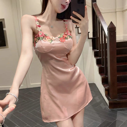 YESMYTOL  -  Mesh Three-dimensional Flower Halter Slim Pink Holiday Style Sexy Pure Desire Dress Woman Chinese Traditional Style