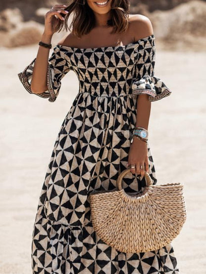 Summer Off The Shoulder Boho Long Dress Spring Elegant Geometric Print Party Dress Sexy Slash Neck Flare Sleeve Maxi Women Dress