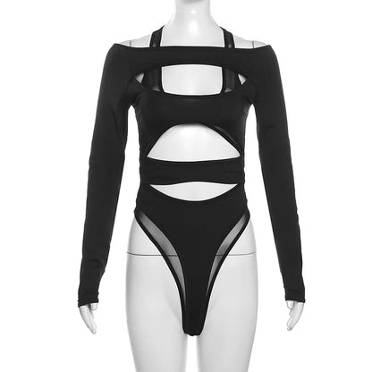 Y2k Punk Hollow Out Sexy Bodysuits Mall Gothic Bodycon Mesh Sheer T-shirts Women Long Sleeve Patchwork Bodysuit