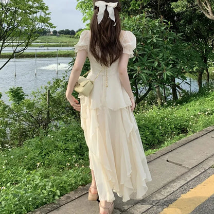 Women's Summer Dress Chiffon Fairy Solid Chic Party Midi Dress  New Korean White Elegant High Waist Slim Long Skirt Y2k