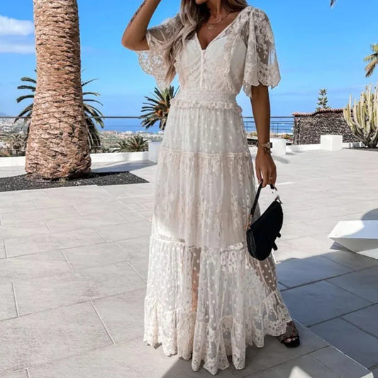 YESMYTOOL  -  Elegant V-neck Short Sleeve Long Dress Lady Sexy Crochet Embroidery Hollow Party Dress Fashion Hight Waist Pleat Mesh Maxi Dress