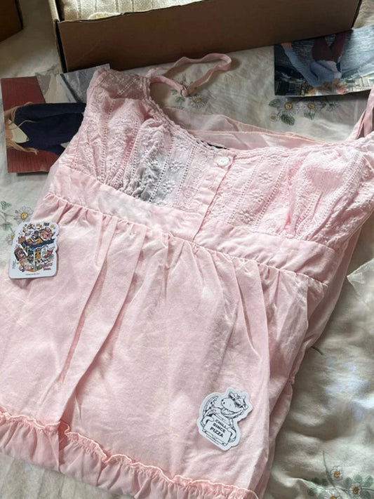 Women Floral Embroidery Pink Dress Summer Cotton Sleeveless Buttons Lace-up Short Vestidos Sweet Preppy Ruffles Dresses