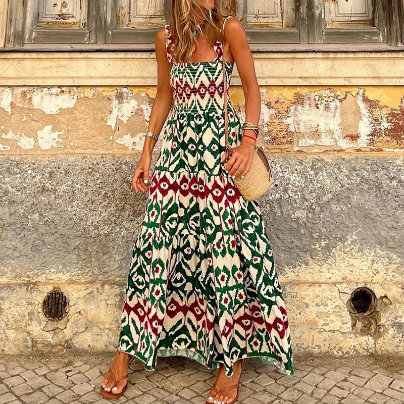 YESMYTOOL  -  Retro Print Boho Sundress Women Summer Beach Maxi Long Dress Sexy Lady Sleeveless Backless Evening Party Dress Vestido De Mujer