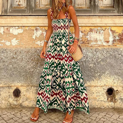 YESMYTOOL  -  Retro Print Boho Sundress Women Summer Beach Maxi Long Dress Sexy Lady Sleeveless Backless Evening Party Dress Vestido De Mujer