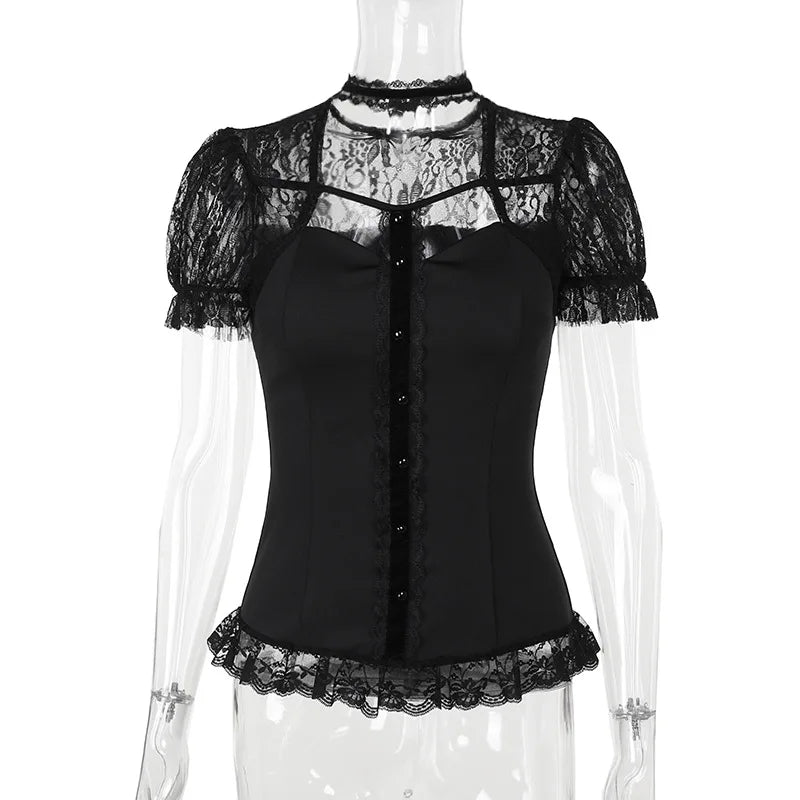 Fairycore Lace Patchwork Puff Sleeve T-Shirts Lady Elegant Blouse Sexy Hollow Out Slim Tops Mall Gothic Techwear Cloth