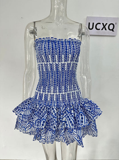 Retro Blue Printed Hollow Out Design Slim Fit Ruffles Patchwork Strapless Sleeveless Dress Beach Holiday Dresses Autumn