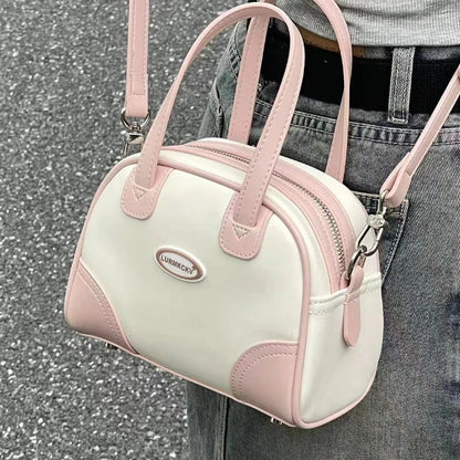 Sweet Cute Handbags for Women Pu Leather Letter Pink White Boston Crossbody Bag New Vintage Elegant Bowling Shoulder Bag