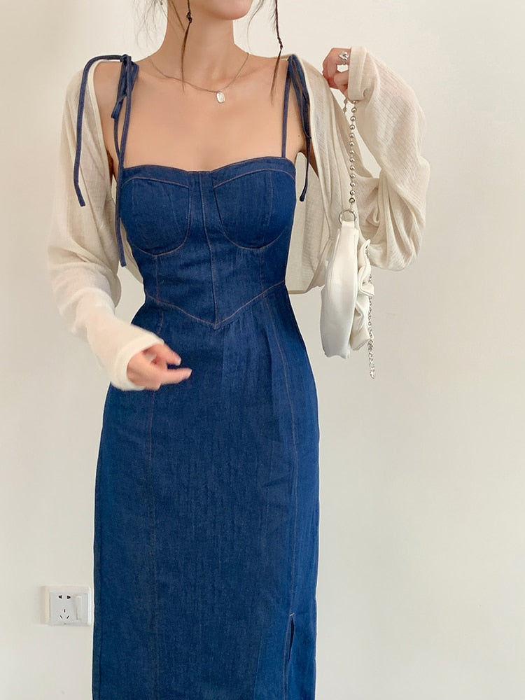 Summer Women Sexy Slip Denim Dress Fashion Strapless Lace-up High Waist Dress Lady Slim A-line Jean Dress