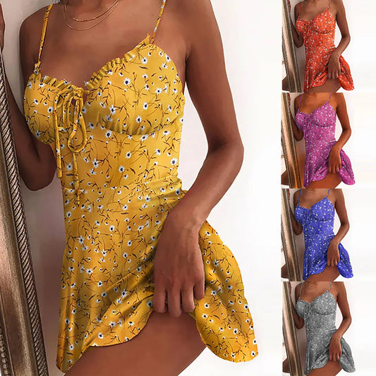 YESMYTOL  -  Women's Summer New Sexy Halter Small Chrysanthemum Dresses Women's Dress Beach Style