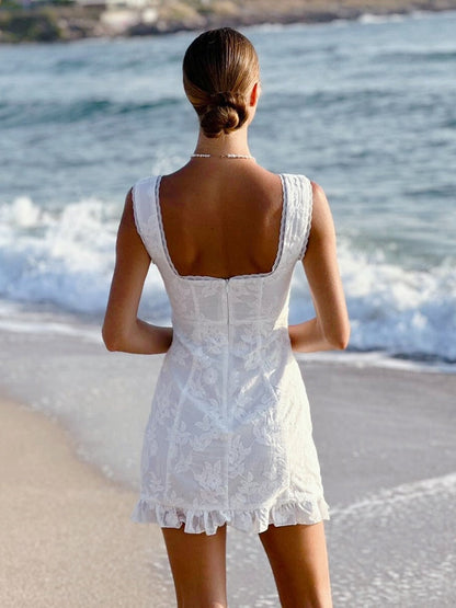 New Women's Dress Sexy A Line White Lace Embroidery Dress Mini Ruffle Summer Holiday Party Dress High Quality