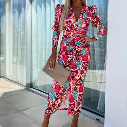 YESMYTOOL  -  Women Sexy Floral Print Bohemian Long Dress Spring Deep V-neck Slim Bodycon Party Dress Autumn Puff Sleeve Front Slit Maxi Dress