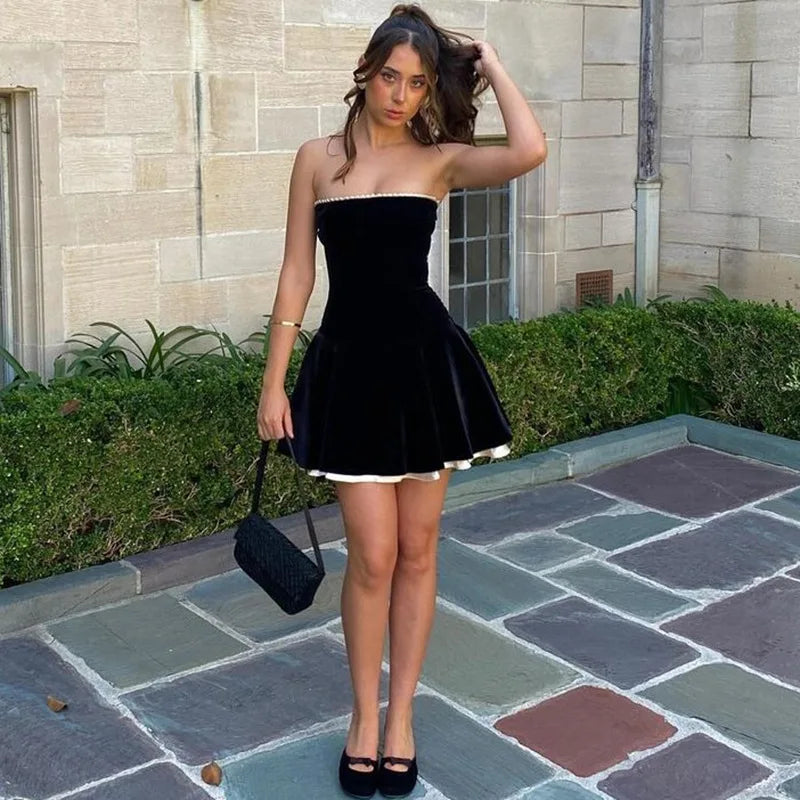 Strapless Lace Up Black Mini Dress Women Off Shoulder Sleeveless Sexy Splice Female Summer Evening Dress Elegant Outfits