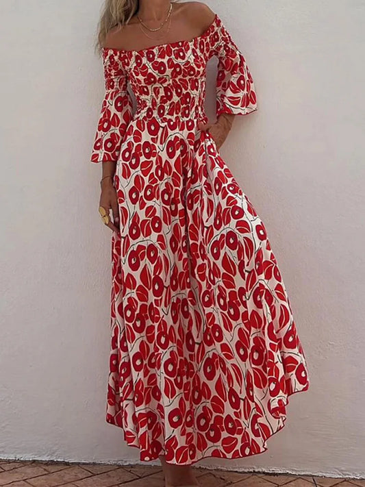 YESMYTOOL  -  Women Spring Summer Three Quarter Flare Sleeve Maxi Dress, Fashion Floral Printing Party Dress, Slash Neck Backless Ladies Dress