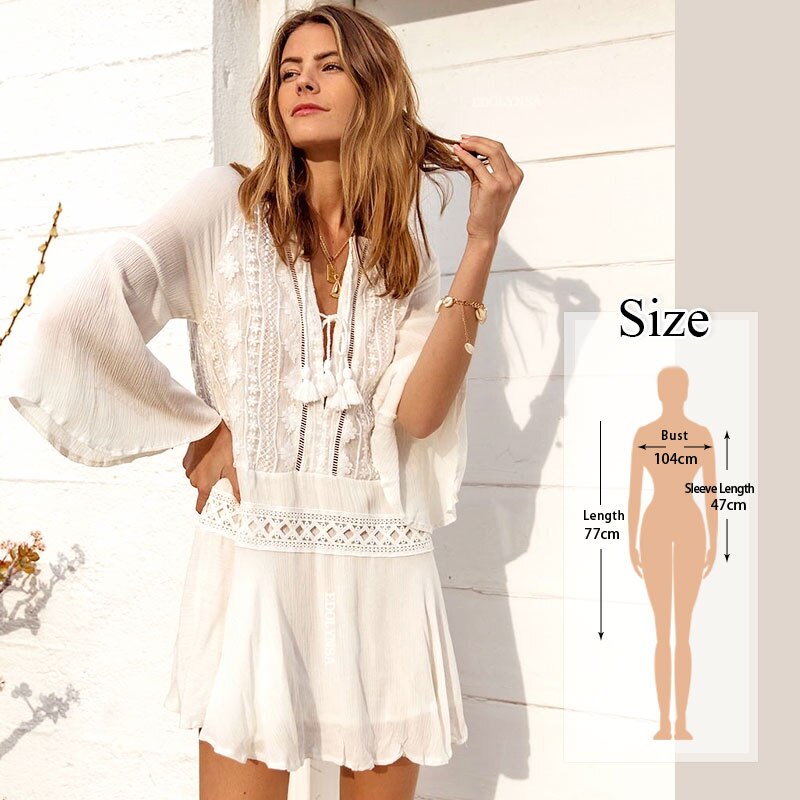 Women Swimsuit Cover Ups Mandarin Sleeve Kaftan Beach Tunic Dress Robe De Plage Solid White Pareo Beach Cover-ups dingdamall mid size graduation outfit romantic style teen swag clean girl ideas 90s latina aesthetic