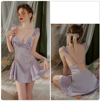 YESMYTOOL  -  Sexy Deep V Satin Lace Backless Women's Nightdress Robe Suit Tempt Nightgowns With Chest Pad Bride Maid Gress Pajama Sleepwear