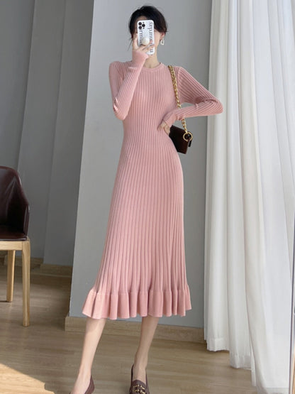 Thick Mermaid O-Neck Long Sweater Maxi Dress for Women Elegant Casuals Female A-line Slim Sexy Knitting Dress Autumn Winter