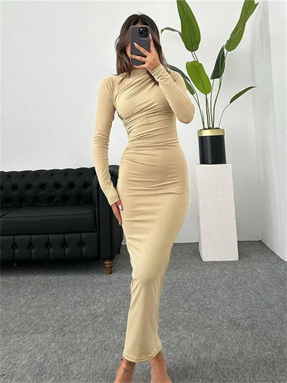 Fashion Pleated Autumn Dress Patchwork Elegant Women Long Sleeve Solid Vestidos Slim High Waist Bodycon Maxi Dress