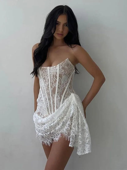 Lace Strapless Ruched Sexy Mini Dress For Women Fashion Fishbone Off-shoulder Sleeveless Backless Club Party Dress