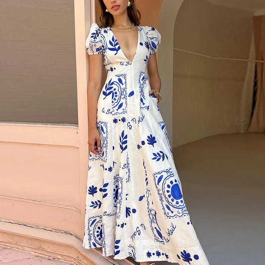 YESMYTOOL  -  New 2024 Fashion Pattern Printed Party Dress Women's Elegant Puff Sleeves Slim Dresses Sexy Low Cut Deep V High Waist Long Dress