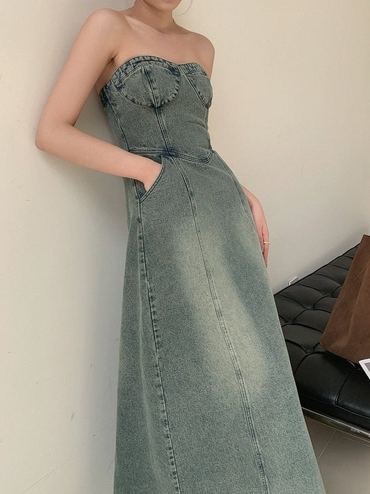 Vintage Elegant Party Midi Dress Women Korean Style Denim Strapless Dress A-line Temperament Sexy Streetwear Designer Dress